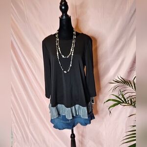 Alfani Black Mixed Media Top with Silver Metallic Pleated Hem
